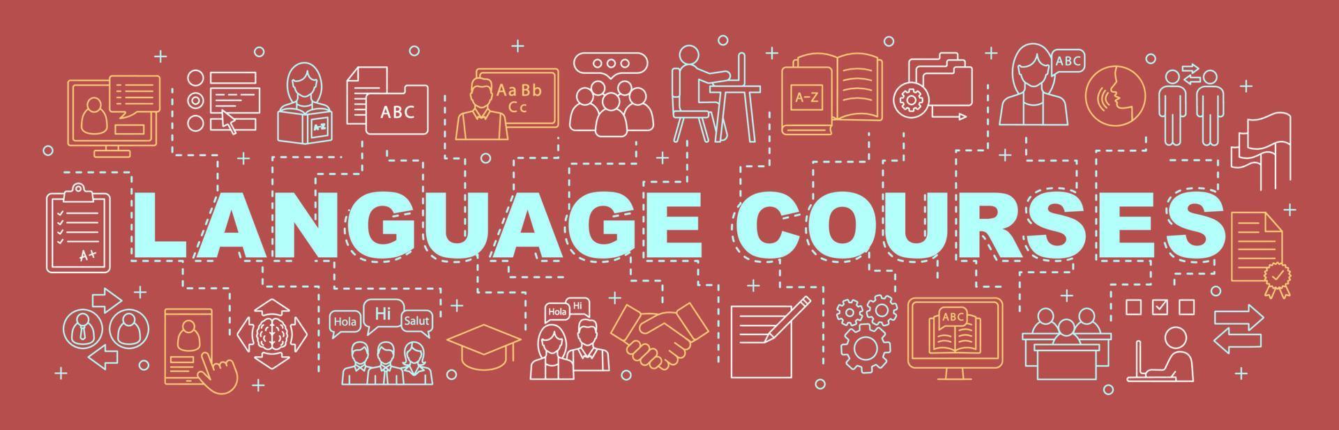 Foreign language learning courses word concepts banner. Isolated lettering typography idea with linear icons. Language, classes, school, lessons. Vector outline illustration