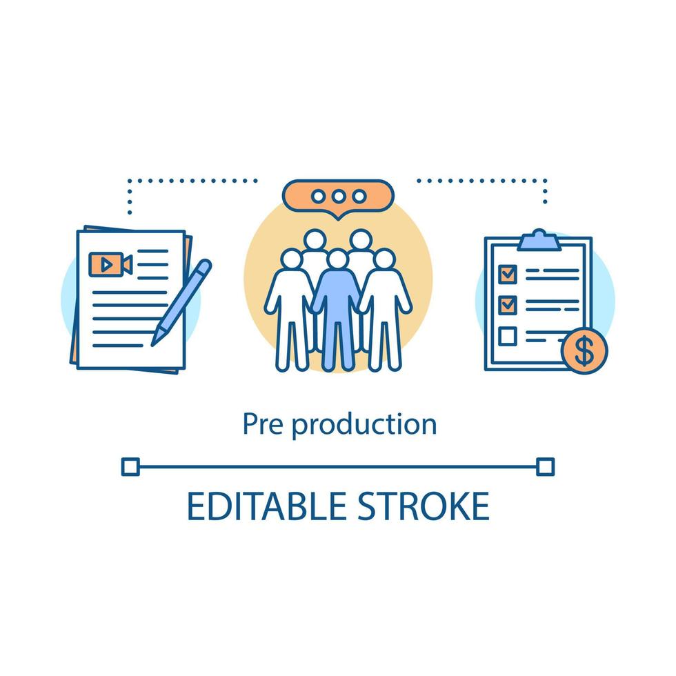 Video pre production concept icon. Film making idea thin line illustration. Script, scenario writing. Casting. Audience research. Film budget planning. Vector isolated outline drawing. Editable stroke