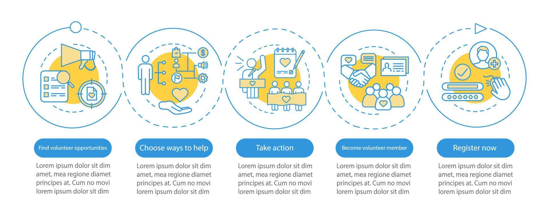 Volunteering vector infographic template. Humanitarian help. Volunteer program. Business presentation design. Data visualization with five steps and options. Process timeline chart. Workflow layout