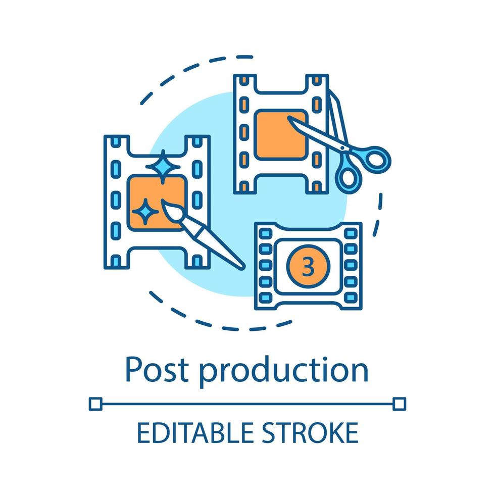 Post production concept icon. Video editing idea thin line illustration. Film making. Motion graphics. Director cut. Footage backup. Cinematography. Vector isolated outline drawing. Editable stroke
