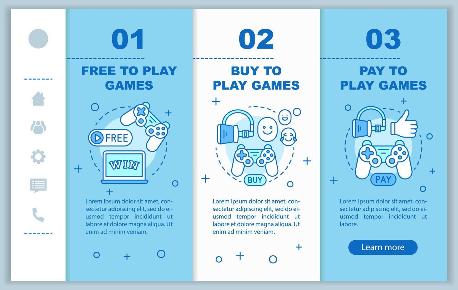 Buying apps and games onboarding mobile web pages vector template. Free, pay to play. Responsive smartphone website interface with linear illustrations. Webpage walkthrough step screens. Color concept