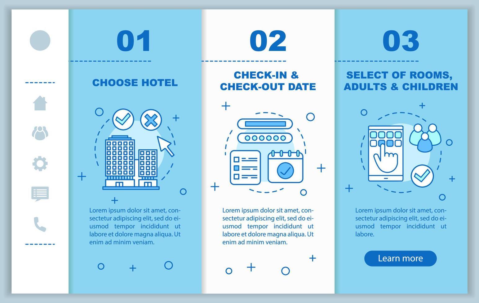 Hotel booking onboarding mobile web pages vector template. Choosing accommodation, apartment. Hostel, motel. Responsive smartphone website interface. Webpage walkthrough step screens. Color concept
