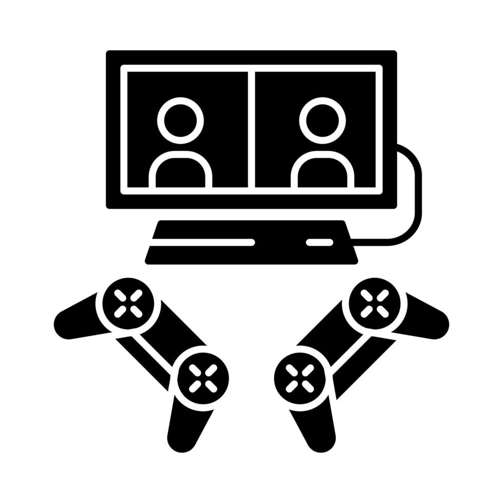 icono de glifo de videojuegos. deportes electrónicos. competencia para dos jugadores. dispositivos de juego. pantalla dividida, juegos multijugador. símbolo de silueta. espacio negativo. vector ilustración aislada