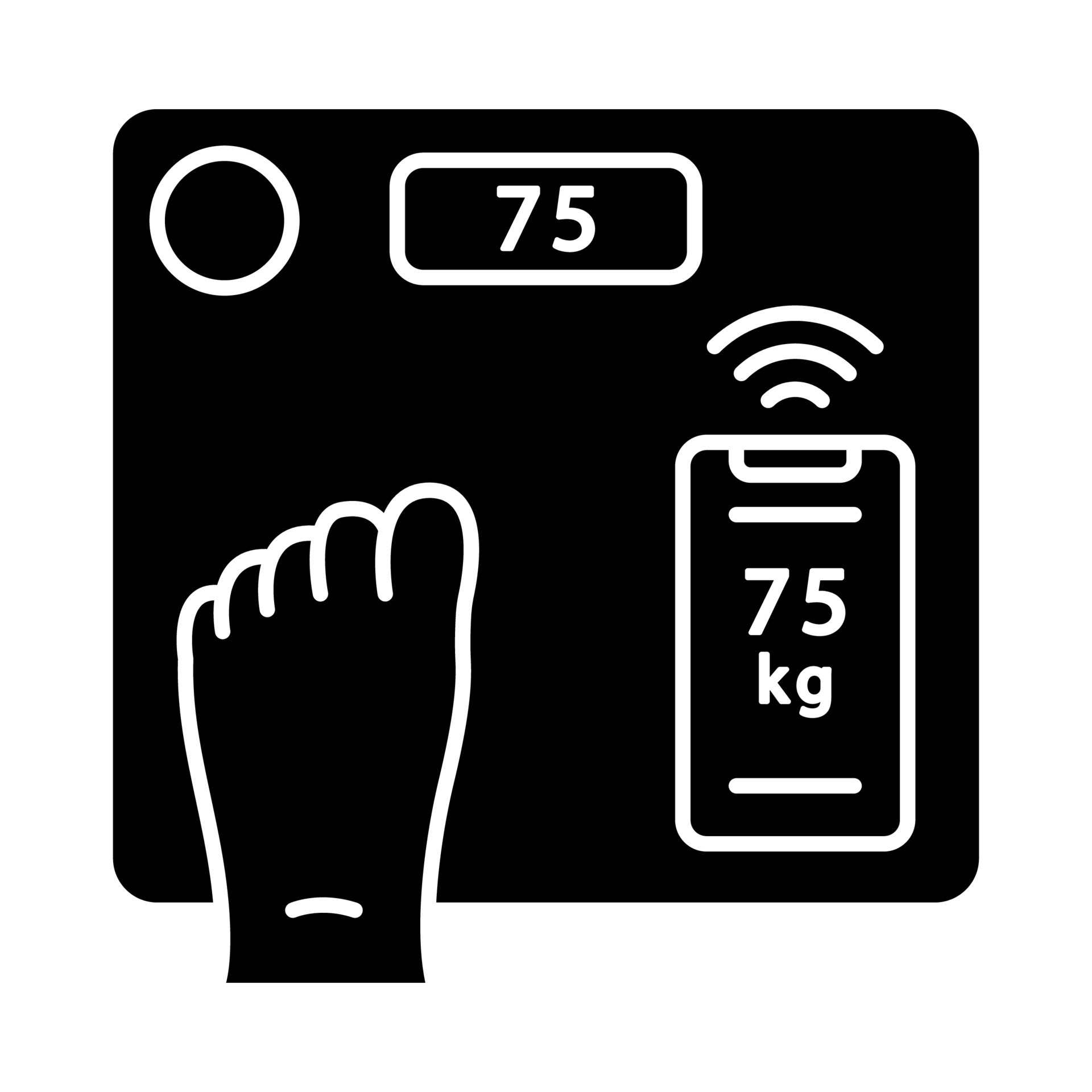 Smart wireless body scales glyph icon. Body mass index, muscle, fat