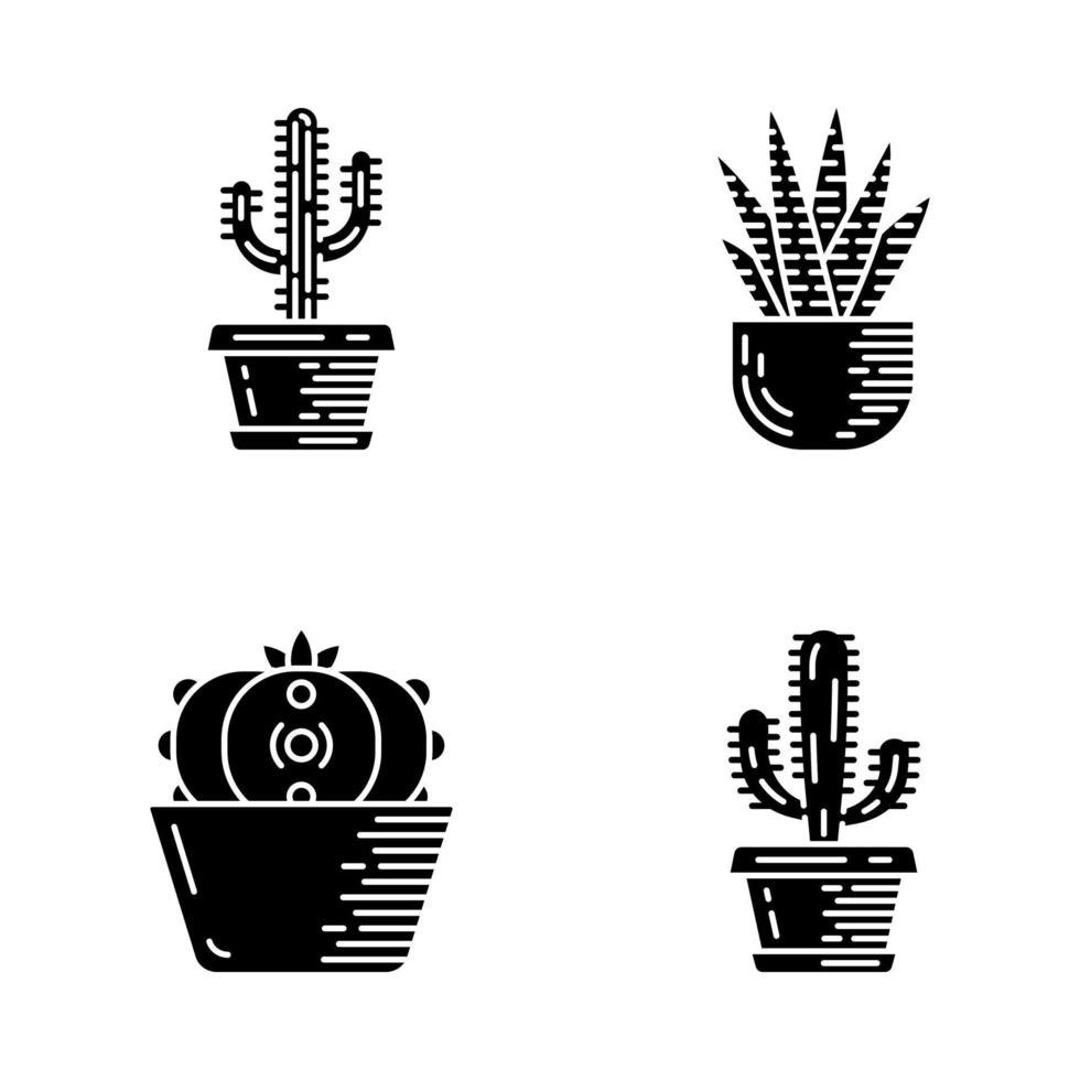 cactus de la casa en el conjunto de iconos de glifo de olla. suculento. cactus cebra, peyote, gigante mexicano, saguaro. colección de jardín de cactus. símbolos de silueta. vector ilustración aislada