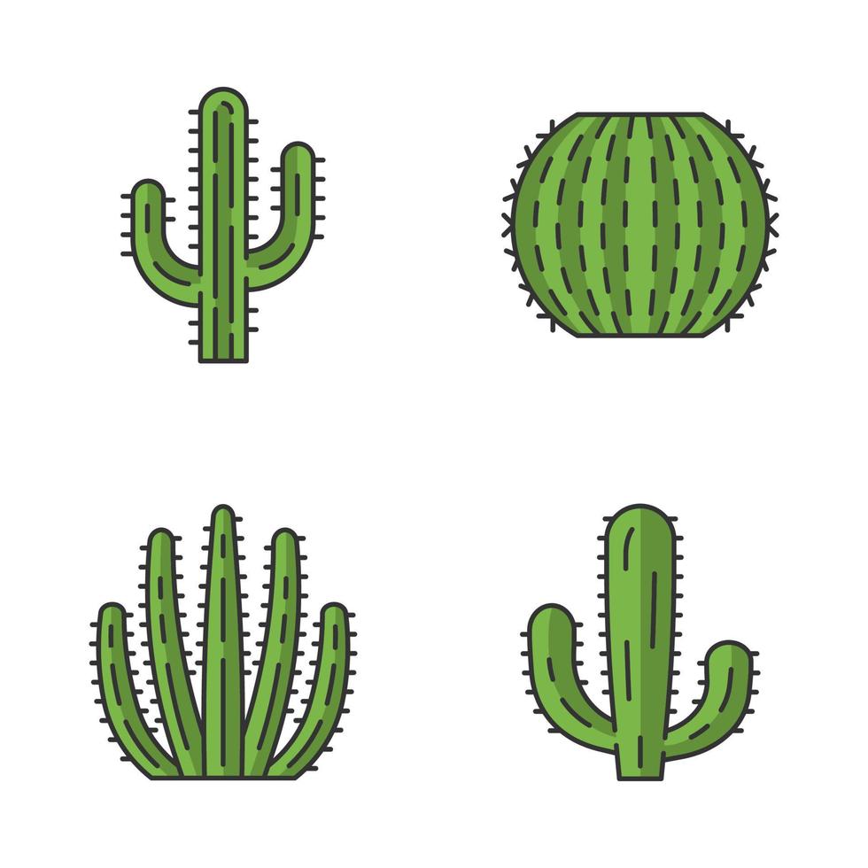 Wild cactus color icons set. Succulents. Cacti collection. Saguaro, organ pipe, mexican giant and barrel cactuses. Isolated vector illustrations