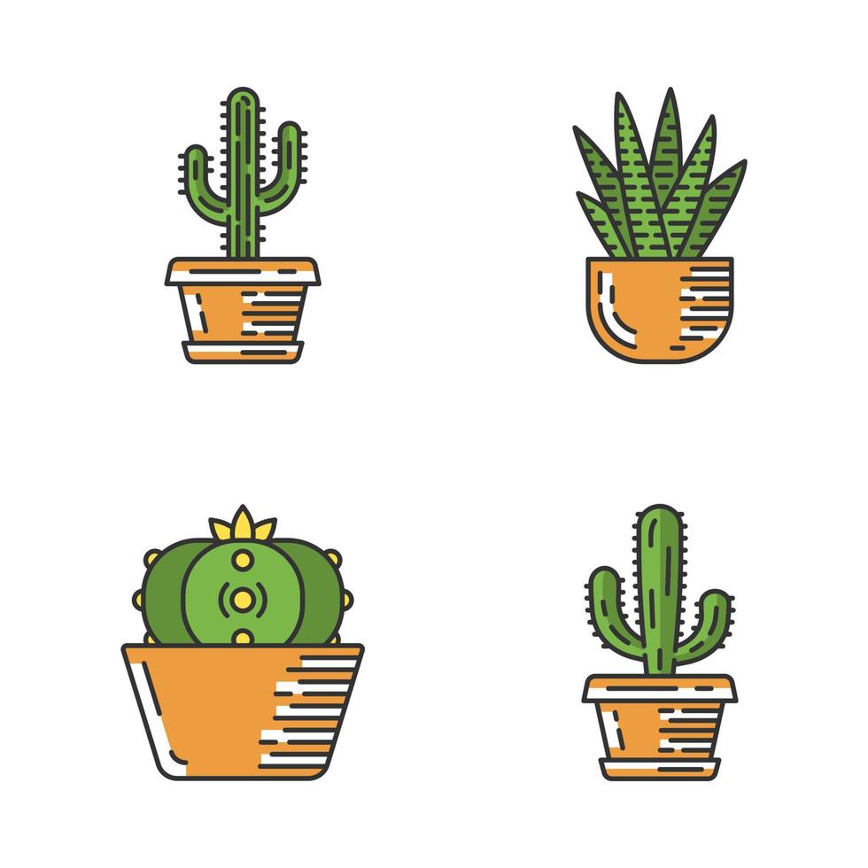 Wild cactus in pot color icons set. Succulent. Zebra cactus, peyote, mexican giant, saguaro. Cacti garden collection. Isolated vector illustrations