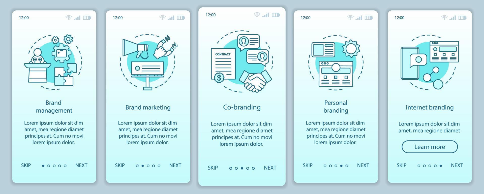 Branding types onboarding mobile app page screen vector template. Personal, internet branding, co-branding. Walkthrough website steps, linear illustrations. UX, UI, GUI smartphone interface concept