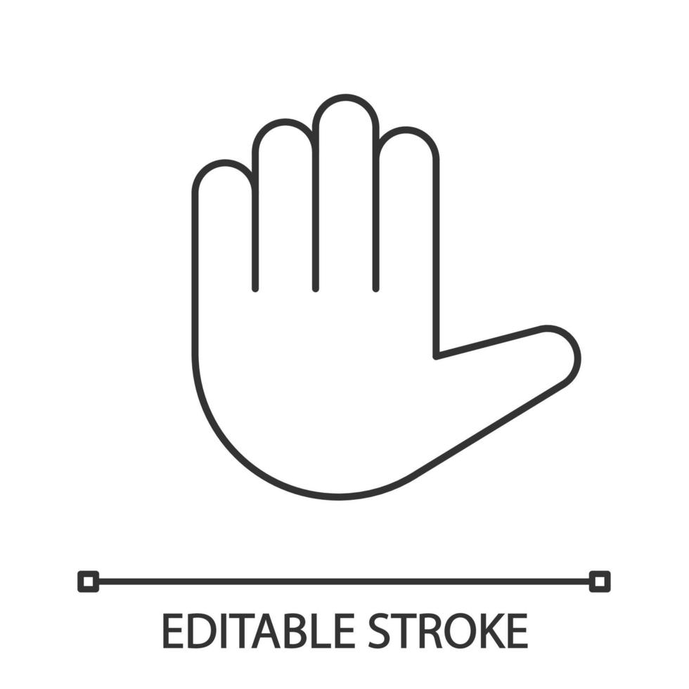 Raised hand emoji linear icon. Thin line illustration. High five. Stop hand gesture. Palm. Counting five. Contour symbol. Vector isolated outline drawing. Editable stroke