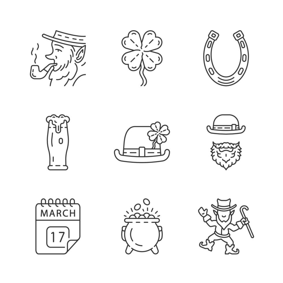 Saint Patrick s Day linear icons set. Thin line contour symbols. March 17. Feast of St. Patrick. Isolated vector outline illustrations. Editable stroke