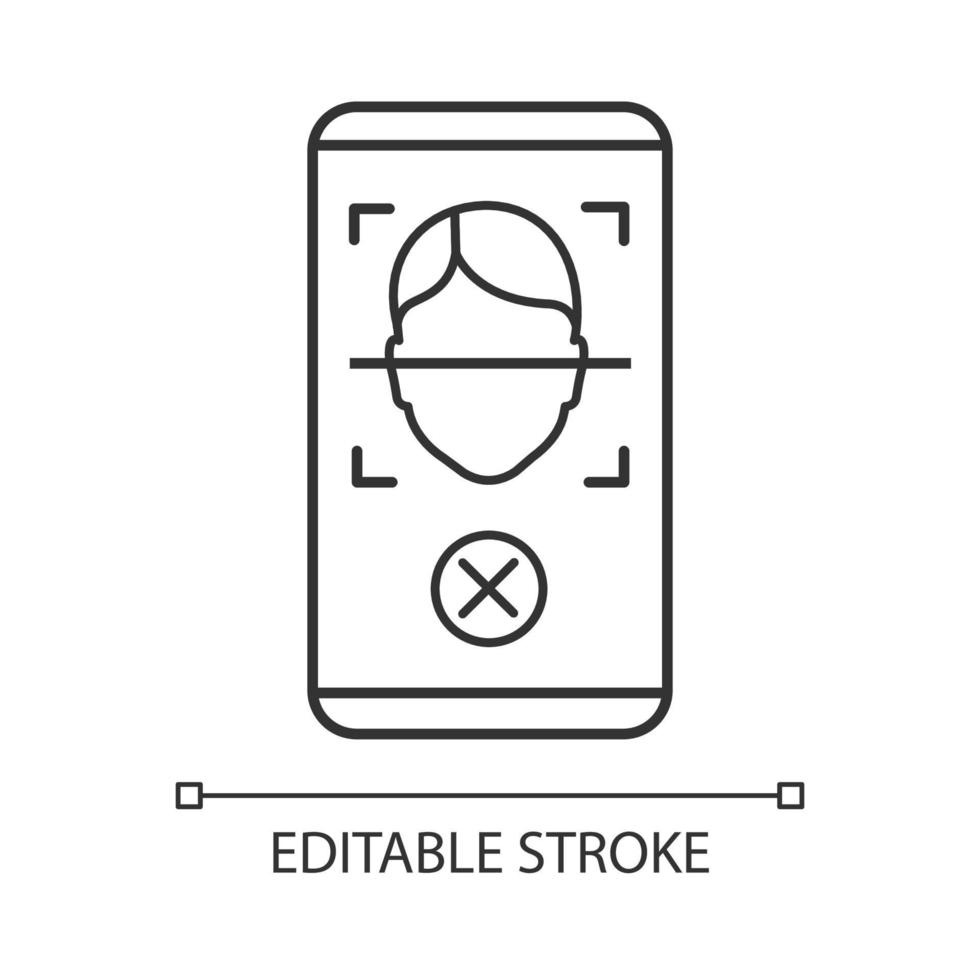 Face scan rejection linear icon. Face lock mobile, smartphone app thin line illustration. Facial recognition contour symbol. Permission access denied. Vector isolated outline drawing. Editable stroke