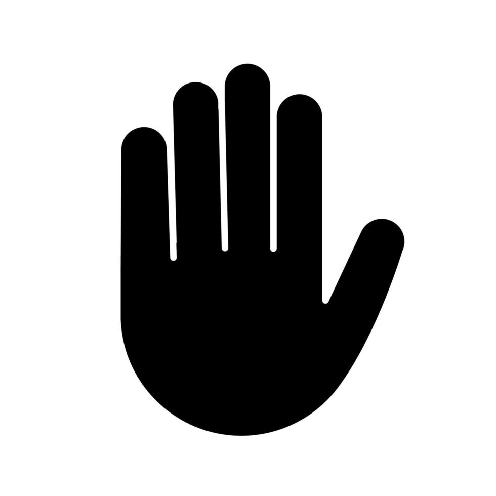 Raised hand glyph icon. Silhouette symbol. High five emoji. Stop hand gesture. Palm. Negative space. Vector isolated illustration