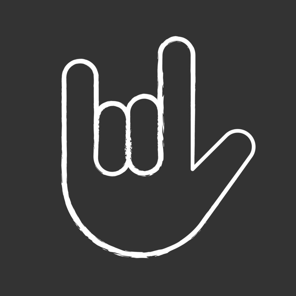 Love you hand gesture chalk icon. Rock on. Horns emoji. Devil fingers. Heavy metal. Roll sign. Isolated vector chalkboard illustration