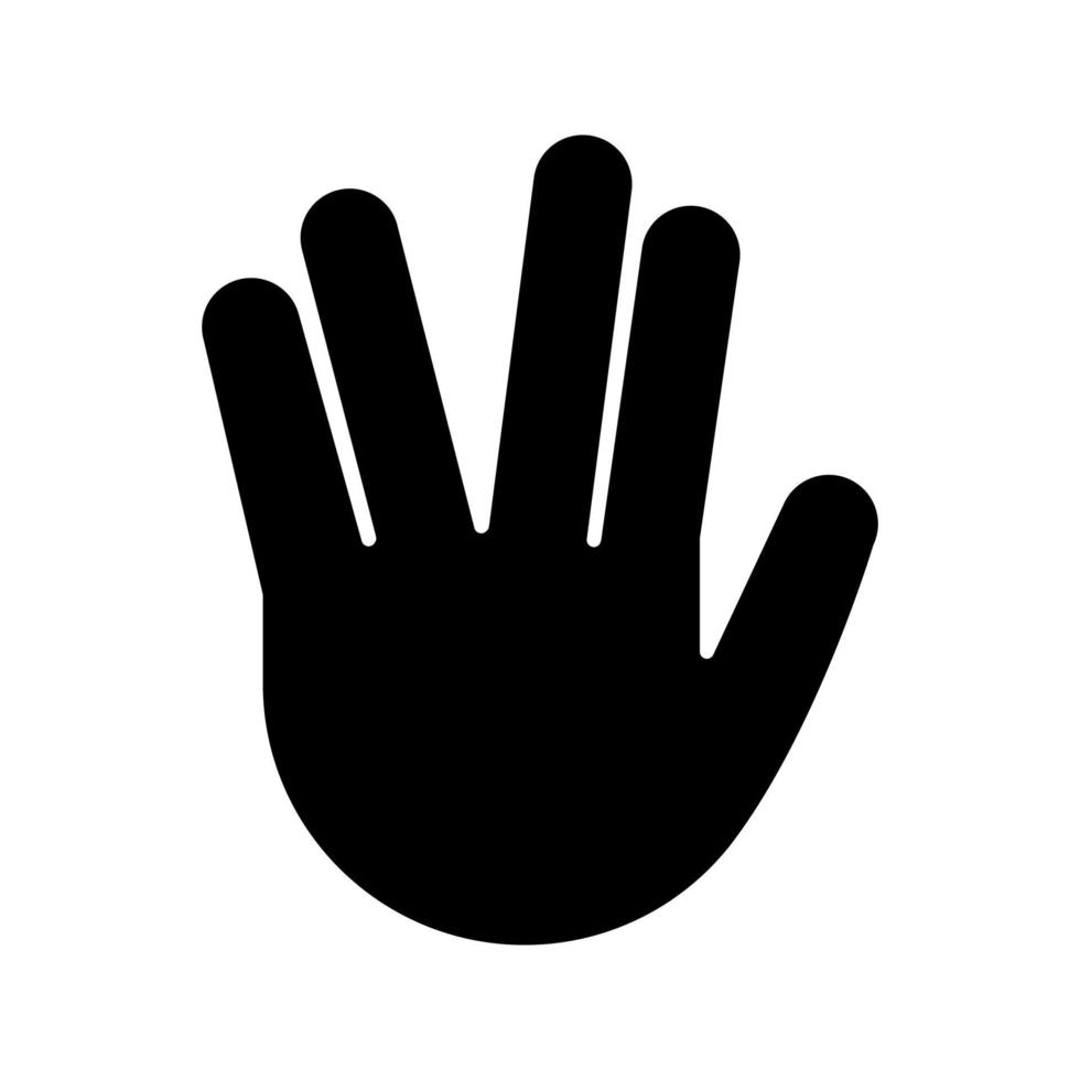 Vulcan salute emoji glyph icon. Silhouette symbol. Live long and prosper hand gesture. Raised hand with part between middle and ring fingers. Negative space. Vector isolated illustration