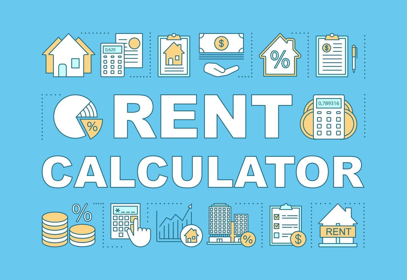 Alquile la bandera de conceptos de palabra de calculadora. búsqueda de vivienda y precios, descuento. presentación de arrendamiento de bienes raíces, sitio web. idea de tipografía de letras aisladas con iconos lineales. ilustración de contorno vectorial vector