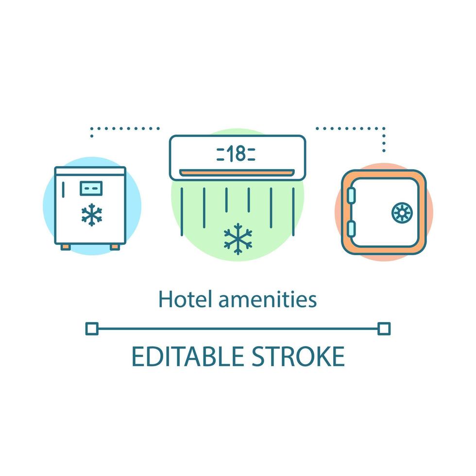 Hotel amenities concept icon. Fridge, air conditioning, safe. Room