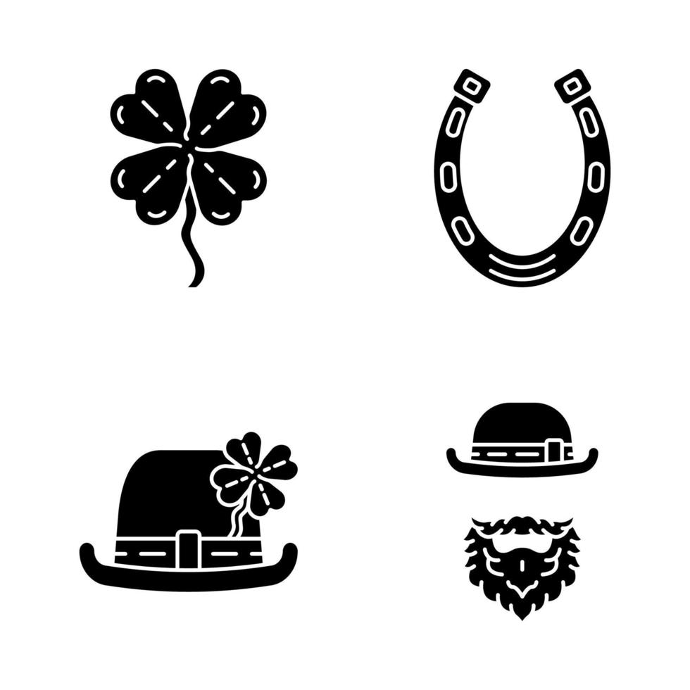 Saint Patrick s Day glyph icons set. Silhouette symbols. Feast of St. Patrick. Bowler hat, leprechaun, horseshoe, four leaf clover. Good luck mascots. Vector isolated illustration