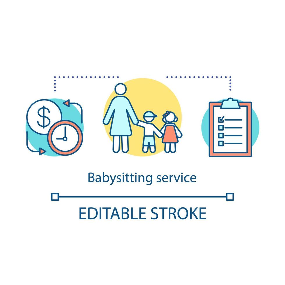 Babysitting service concept icon. Childcare assistance idea thin line illustration. Nanny, babysitter hourly payment. Vector isolated outline drawing. Editable stroke