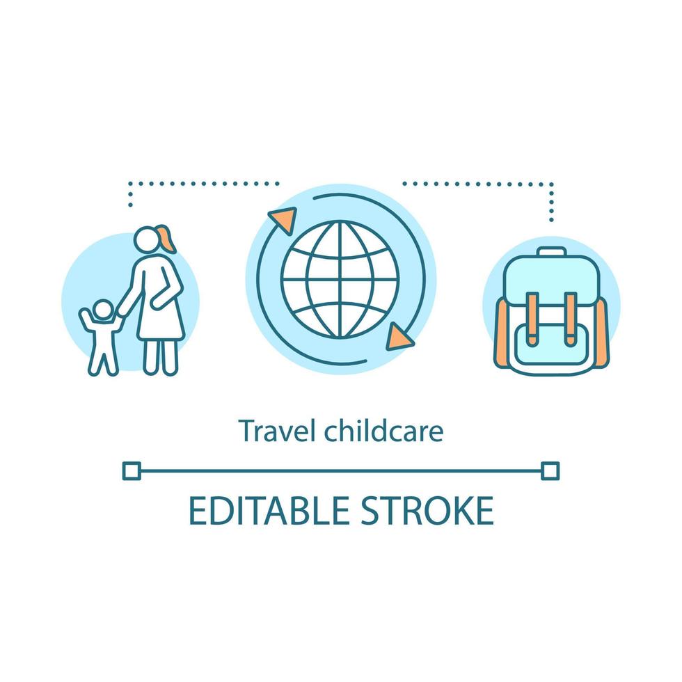 Travel childcare concept icon. Au pair, international nannies idea thin line illustration. Travel babysitter. Journey with children. Vector isolated outline drawing. Editable stroke