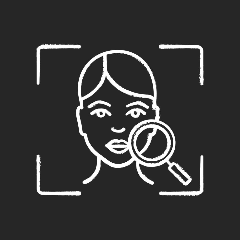 Face scanning chalk icon. Facial recognition. Human head and magnifying glass. Face ID. Identity verification. Isolated vector chalkboard illustration