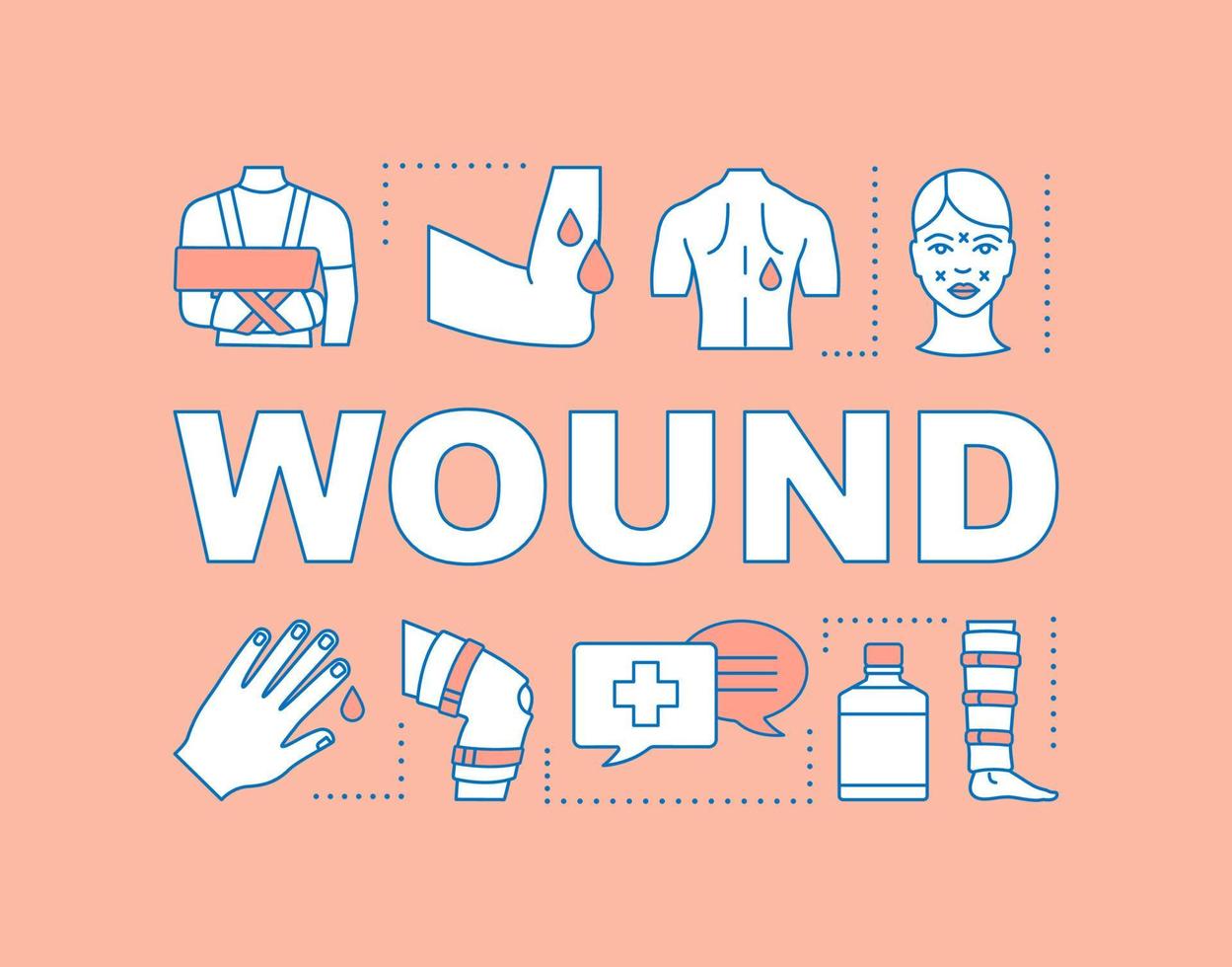 Wound word concepts banner. Fracture, bandaging. First-aid. Emergency help. Medical care. Presentation, website. Isolated lettering typography idea with linear icons. Vector outline illustration