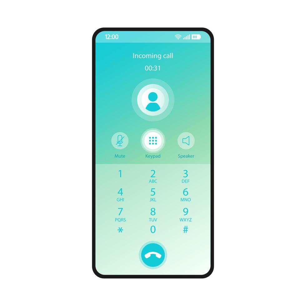 plantilla de vector de interfaz de teléfono inteligente de teclado conmutado. diseño de degradado azul de la página de la aplicación móvil. llamada entrante, pantalla de grabación de audio. interfaz de usuario plana para la aplicación. silencio, botones de altavoz. pantalla del teléfono