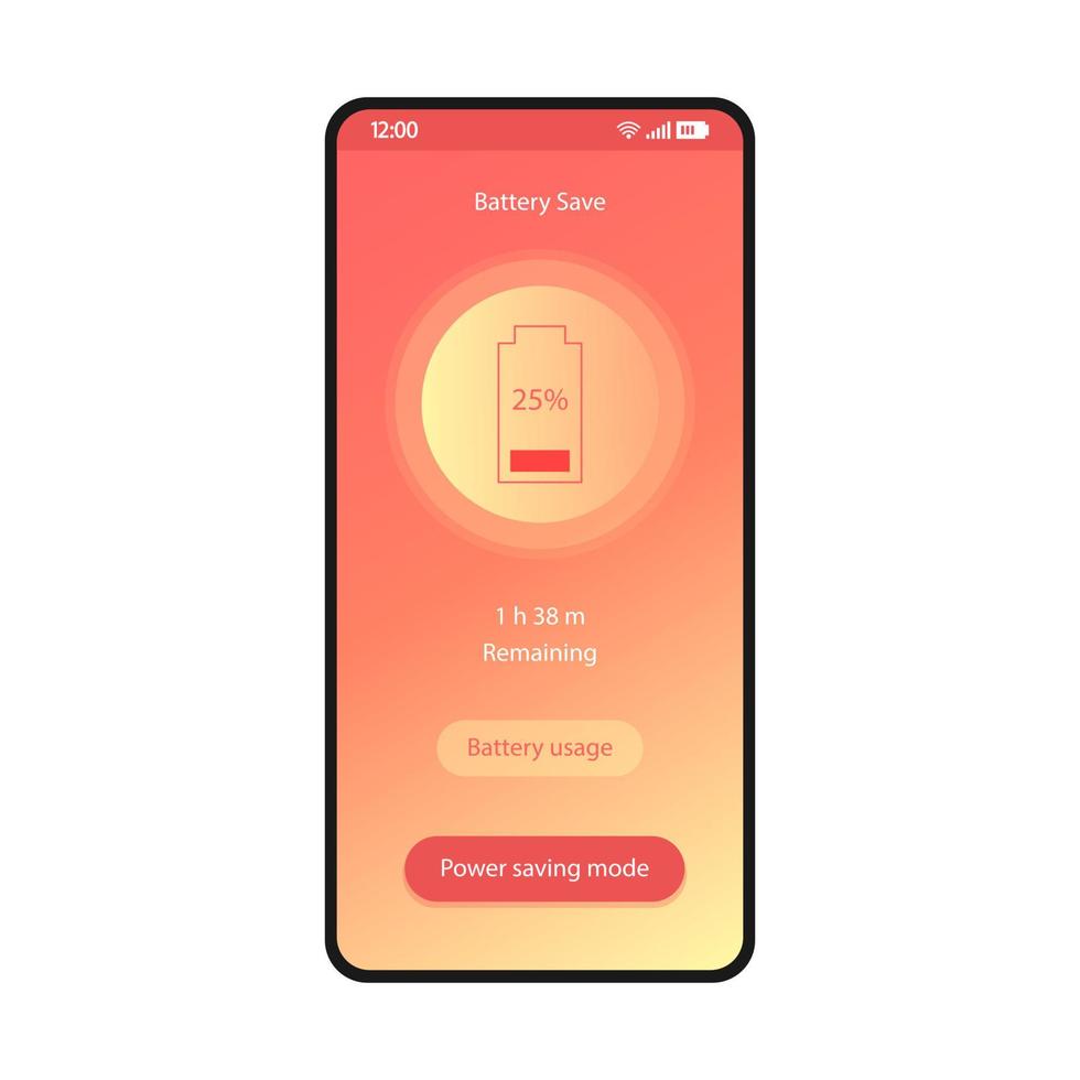 Ahorro de batería, plantilla de vector de interfaz de teléfono inteligente de aplicación de optimizador de teléfono. diseño de diseño de coral de la página de la aplicación de utilidad móvil. modo de ahorro de energía gradiente plano ui. carga, pantalla de optimización de energía