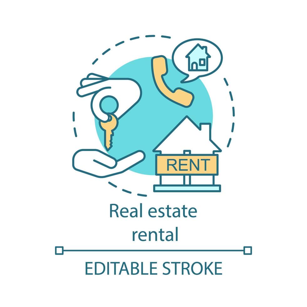 Real estate rental concept icon. House for rent. Handset with bubble speech. Key handover. Real estate agency. Property leasing idea thin line illustration. Vector isolated drawing. Editable stroke