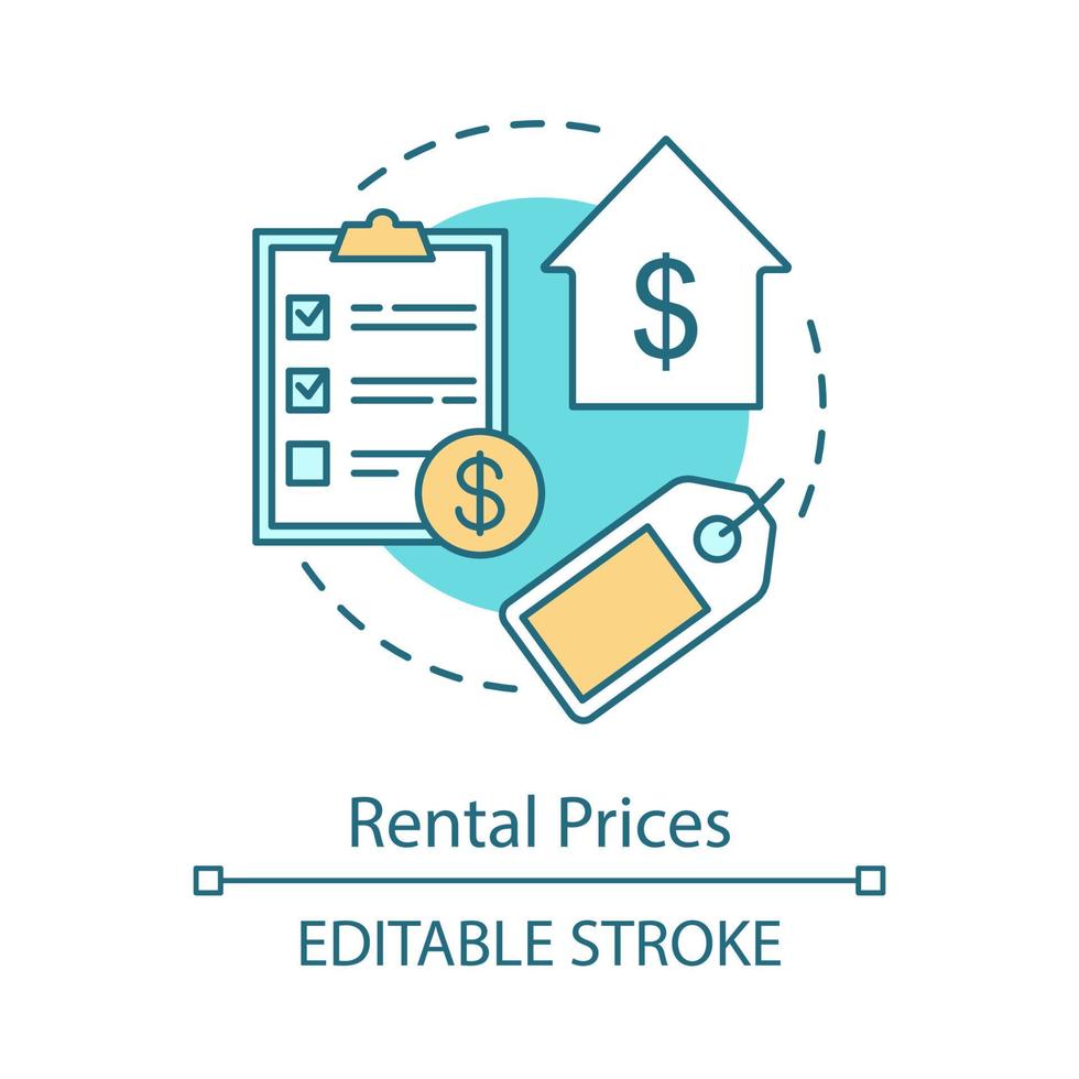 Rental prices concept icon. House for sale. Rental invoice. Real estate agency fees. Leasing property value components idea thin line illustration. Vector isolated outline drawing. Editable stroke