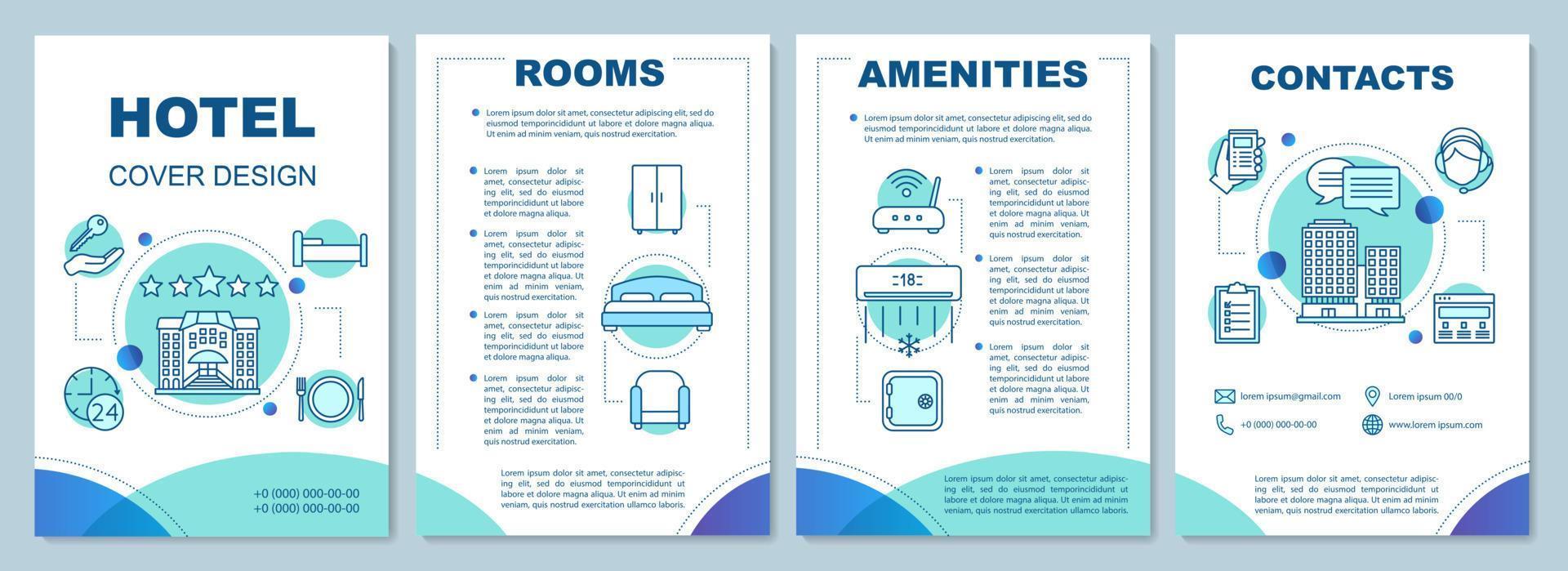 Hotel information brochure template layout. Room options, service. Apartment, accommodation. Flyer, booklet, leaflet print design with linear icons. Vector page layouts for magazines, reports, posters