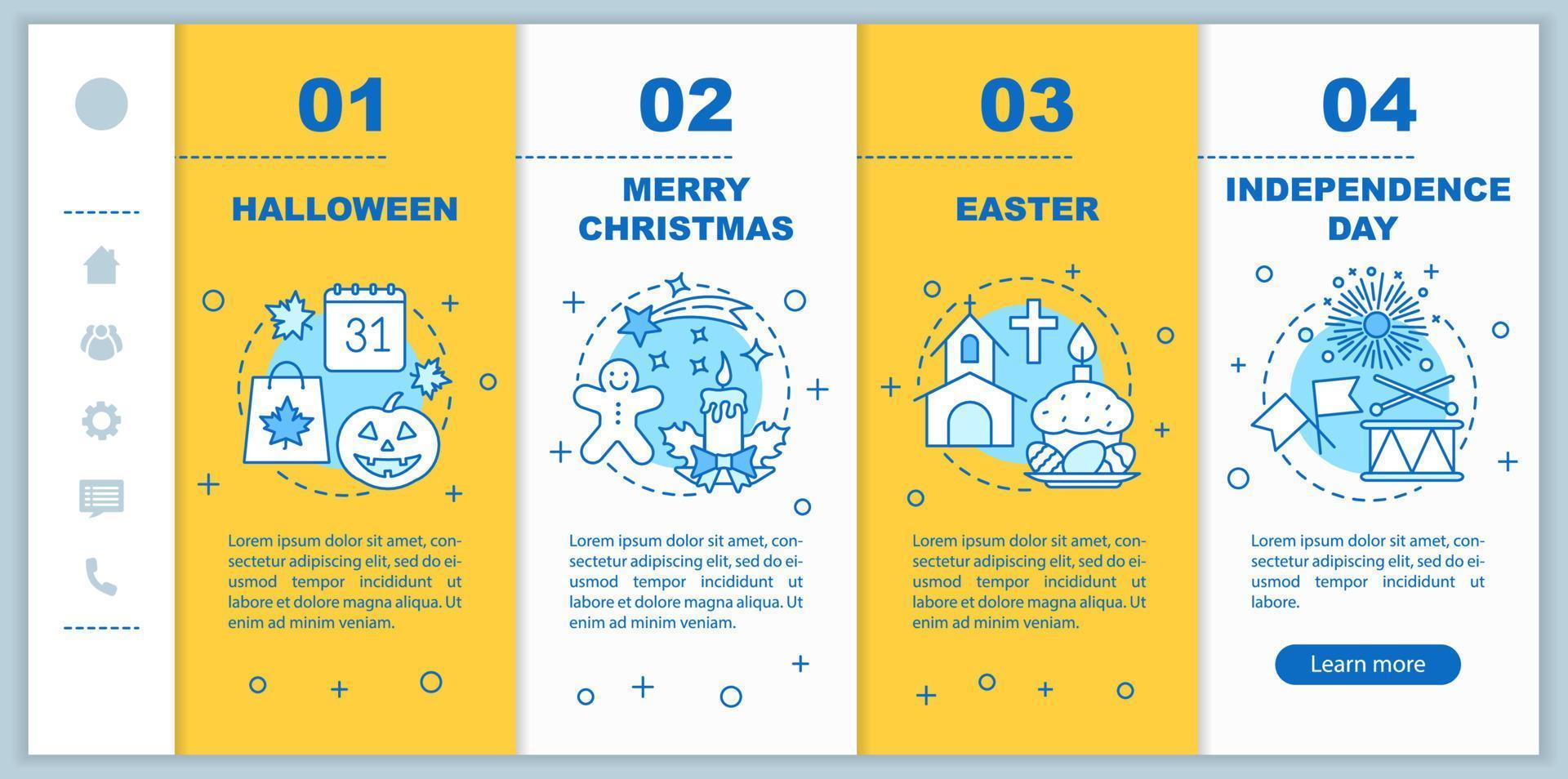 Seasonal holidays onboarding mobile web pages vector template. Responsive smartphone interface idea with linear illustrations. Halloween, independence day webpage walkthrough steps. Color concept