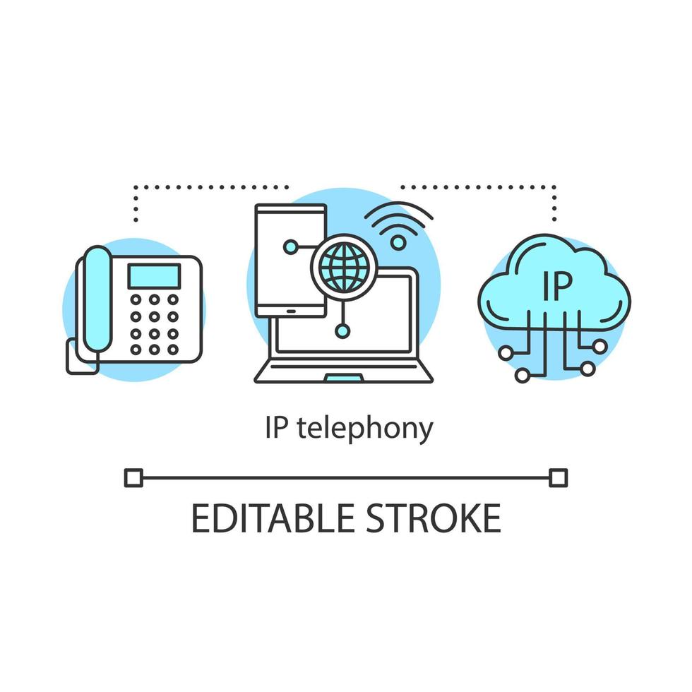 icono del concepto de telefonía ip. Ilustración de línea fina de idea de comunicación telefónica. chat de video por Internet. software de ordenador. sistema de crm. dibujo de contorno aislado vectorial. trazo editable vector