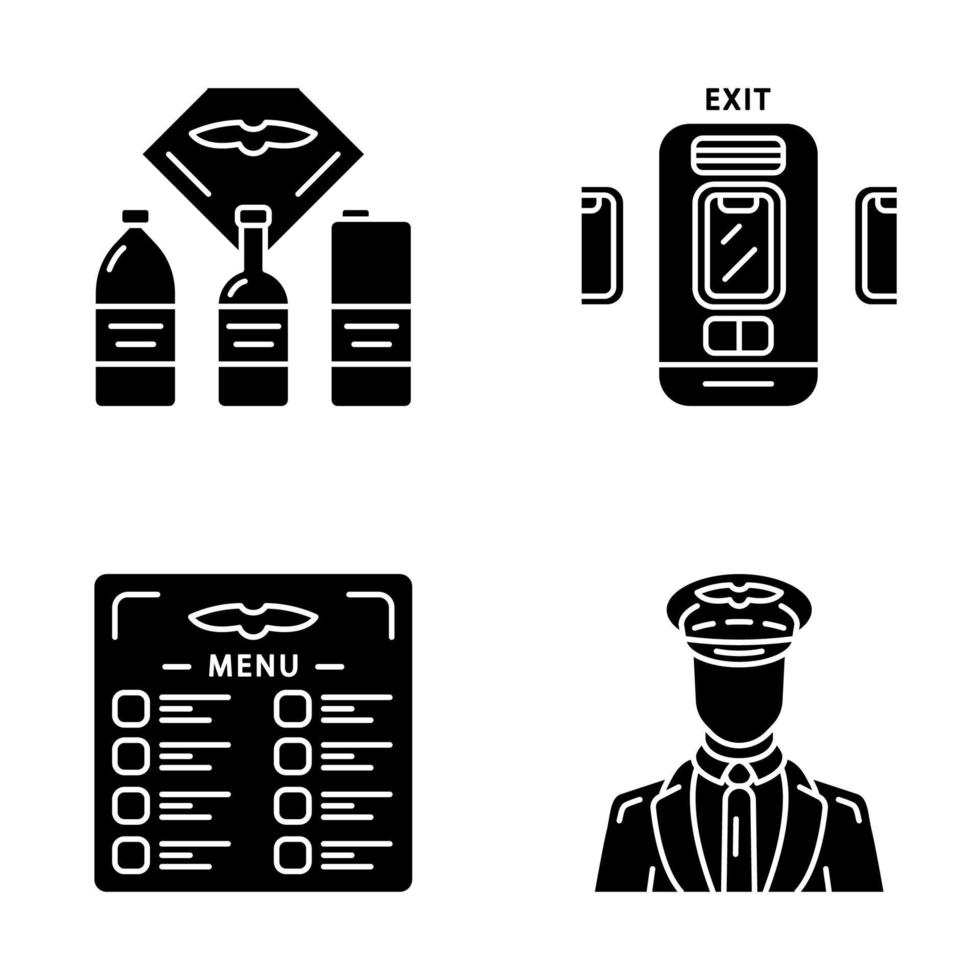 Aviation services glyph icons set. Flight menu and drinks, pilot, jet safeness, emergency exit. Aircraft travel. Journey amenity. Airline facilities. Silhouette symbols. Vector isolated illustration