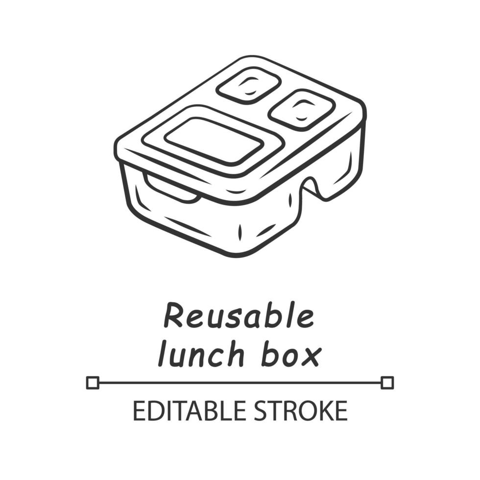 Reusable lunch box linear icon. Eco friendly material. Food storage container. Plastic food packaging. Thin line illustration. Contour symbol. Vector isolated outline drawing. Editable stroke