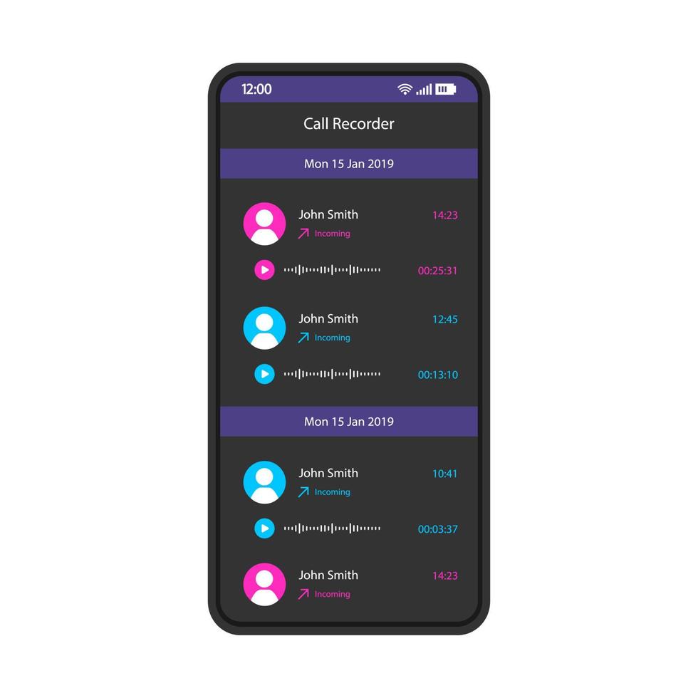 Call recorder smartphone interface vector template. Mobile app page black design layout. Incoming voice mail, audio messages screen. Flat UI for application. Audio records, media list. Phone display