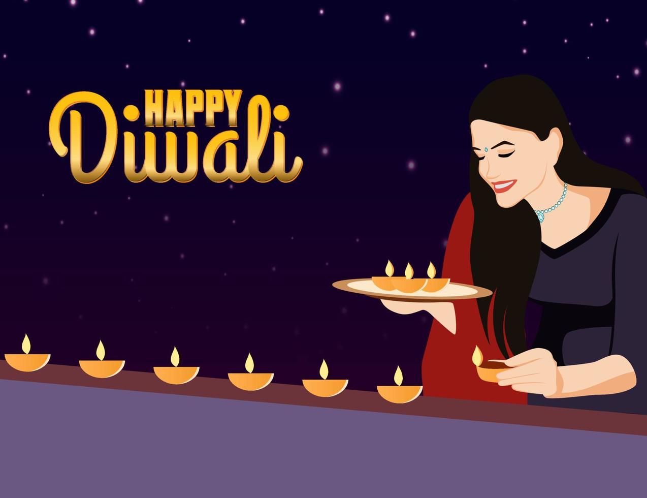 chica con thali y diya - lámpara de aceite, ilustración de vector de feliz diwali.