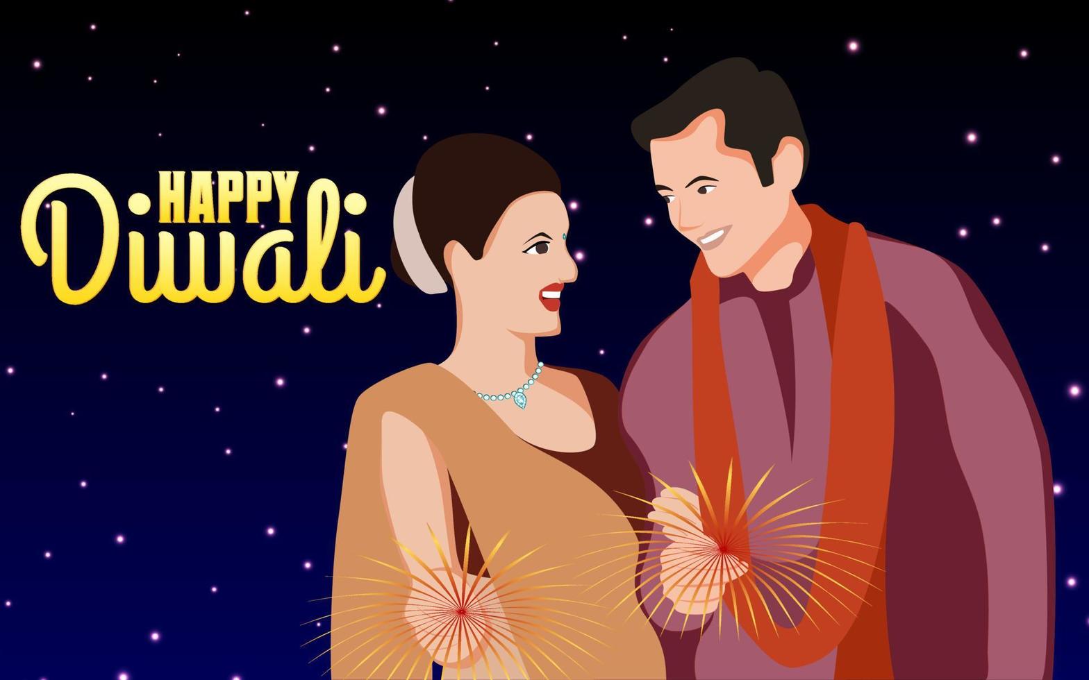 una pareja celebrando diwali con fuegos artificiales, ilustración vectorial feliz diwali. vector