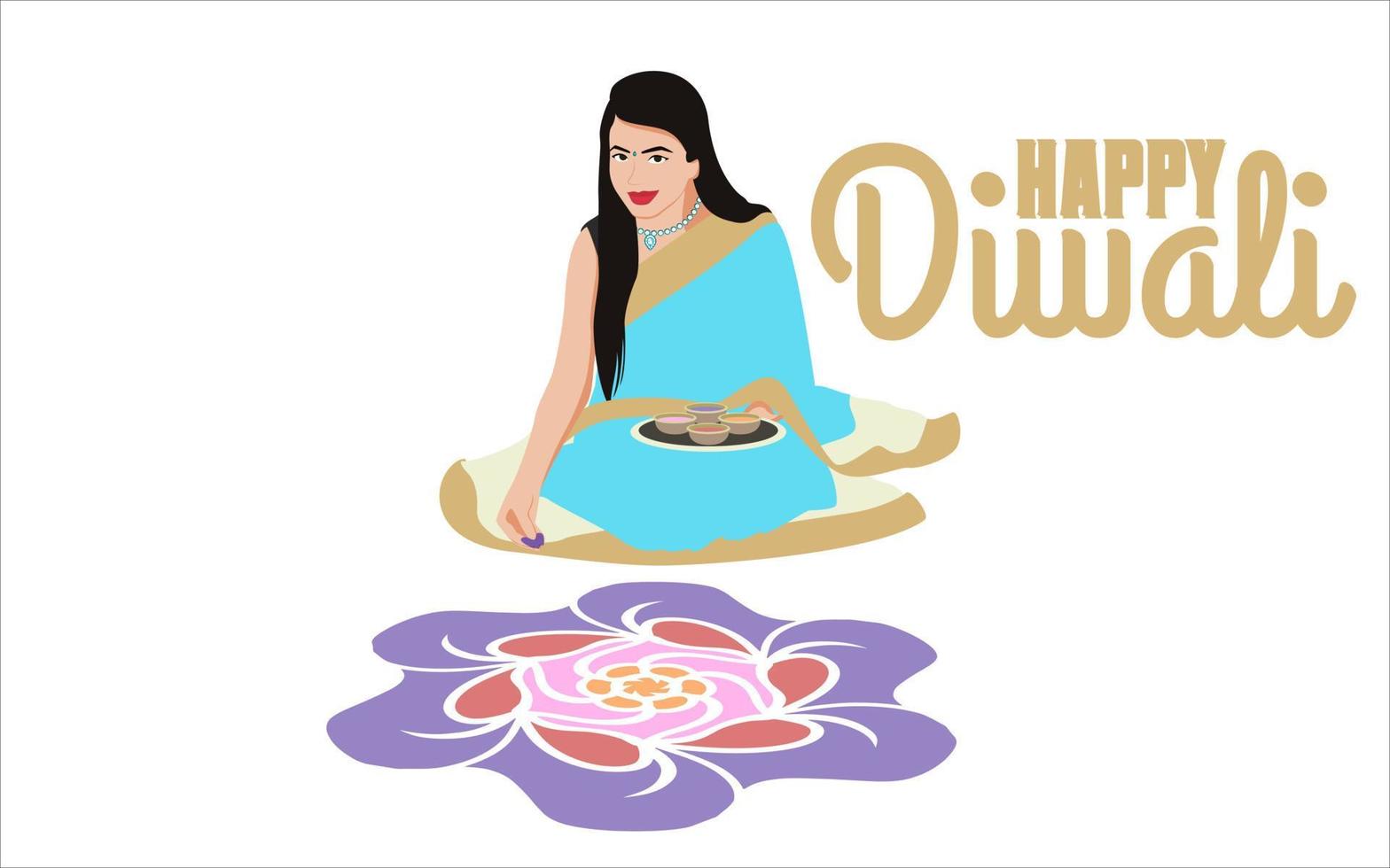 Indian women making rangoli  for diwali celebration, Happy Diwali Vector illustration for social media.