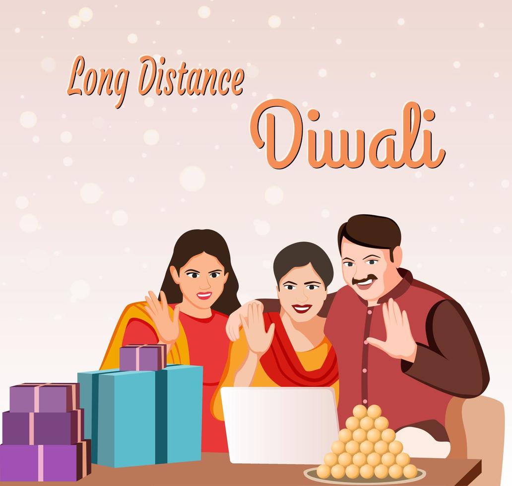 A Family celebrating Diwali with relatives online to avoid social gathering in covid-19 situations, Happy family Long distance Diwali celebration vector, Creative Diwali vector banner for social media
