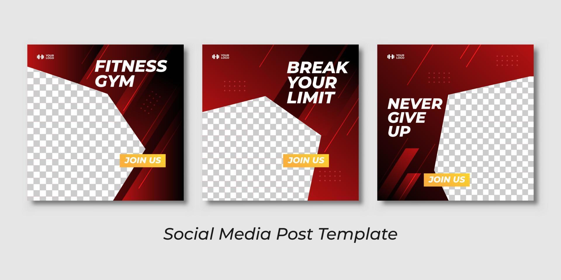 Sport Social Media Banner Template Collection with Unique Style. Red gradient background for gym template. Fitness gym social media post square banner template for fitness studio promotion vector