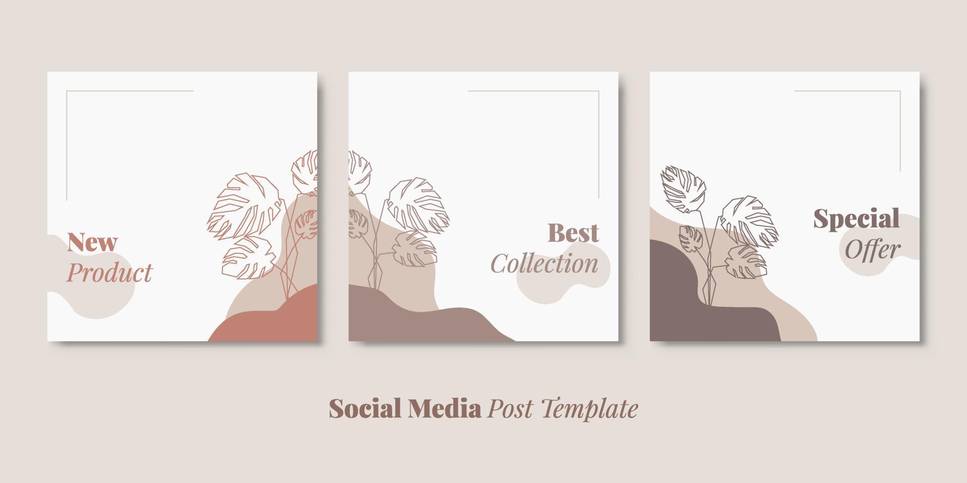 Sale banner social media post template with trendy striped leaves. Nature vector background square with pastel color.