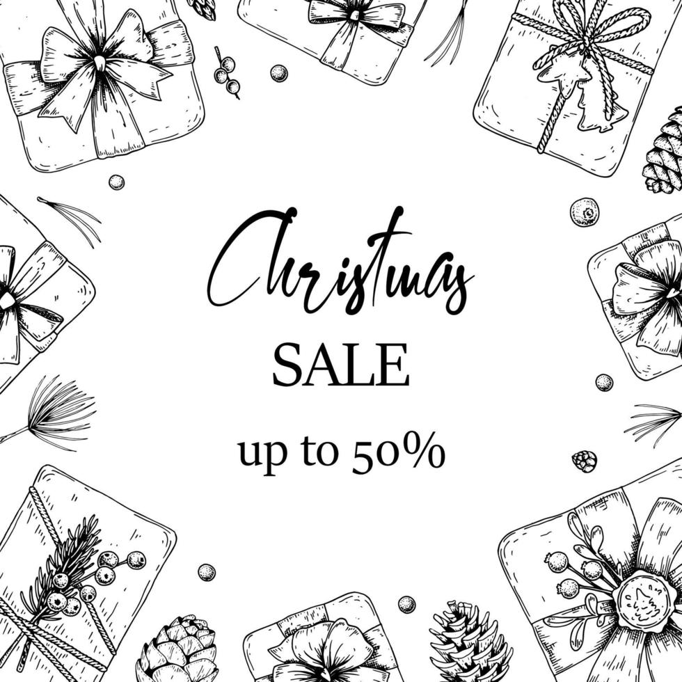 Hand drawn Merry Christmas and Happy New year sale banner with gift boxes. Vector illustration