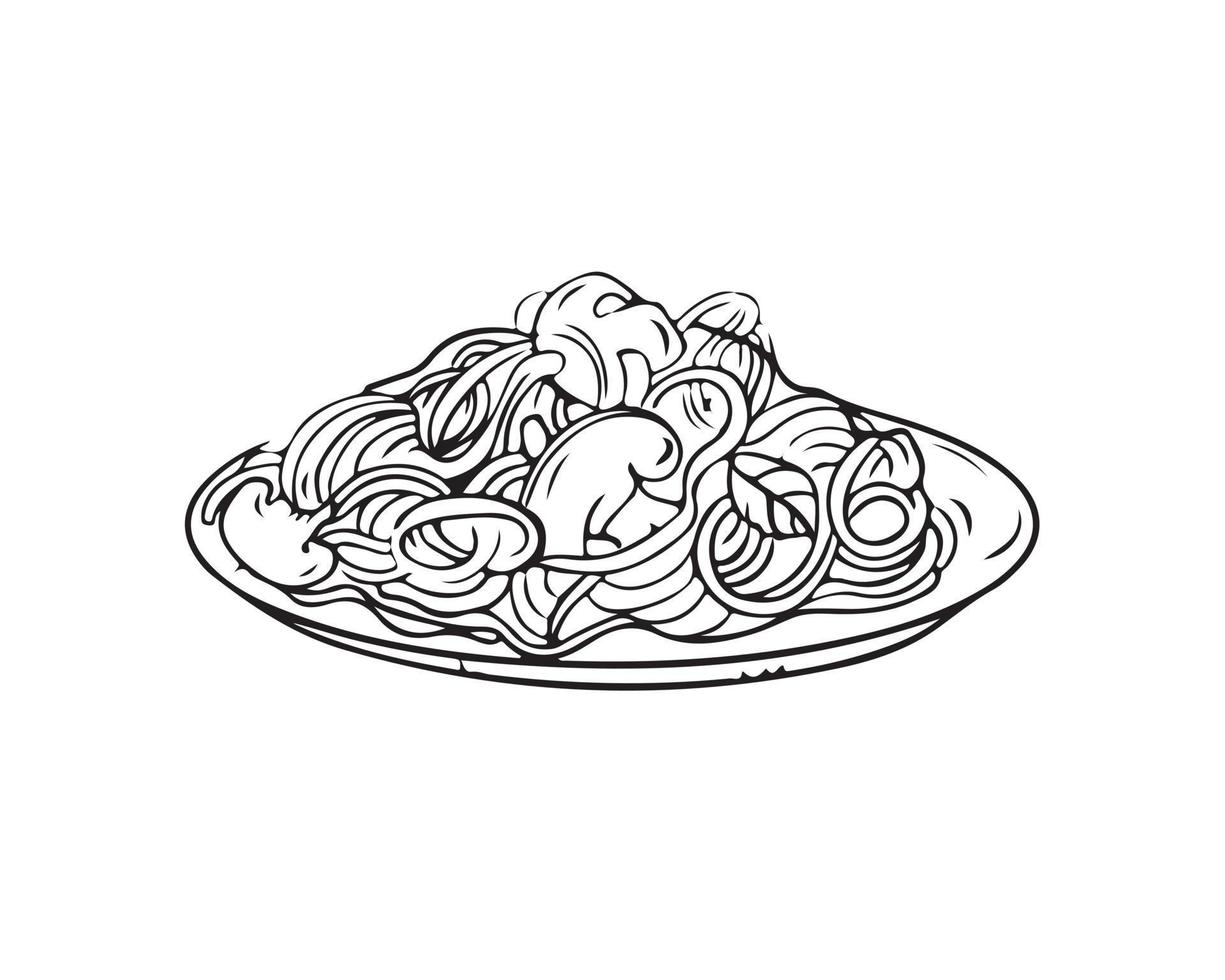 A plate of pasta drawn with a black outline. icon, doodle vector