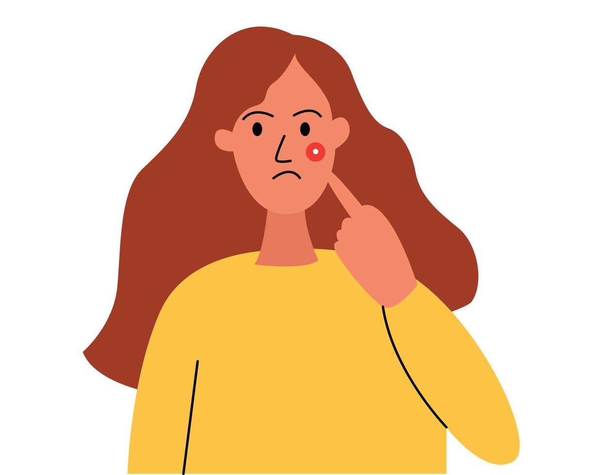 The girl shows a pimple on her face, problem skin, acne vector