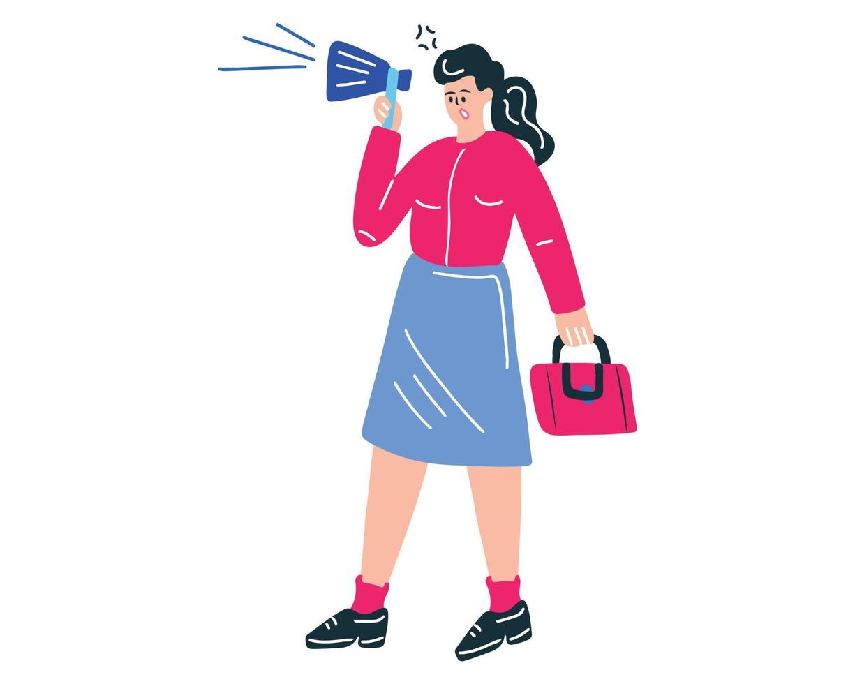 A woman with a megaphone in her hands. A woman speaks into a loudspeaker vector
