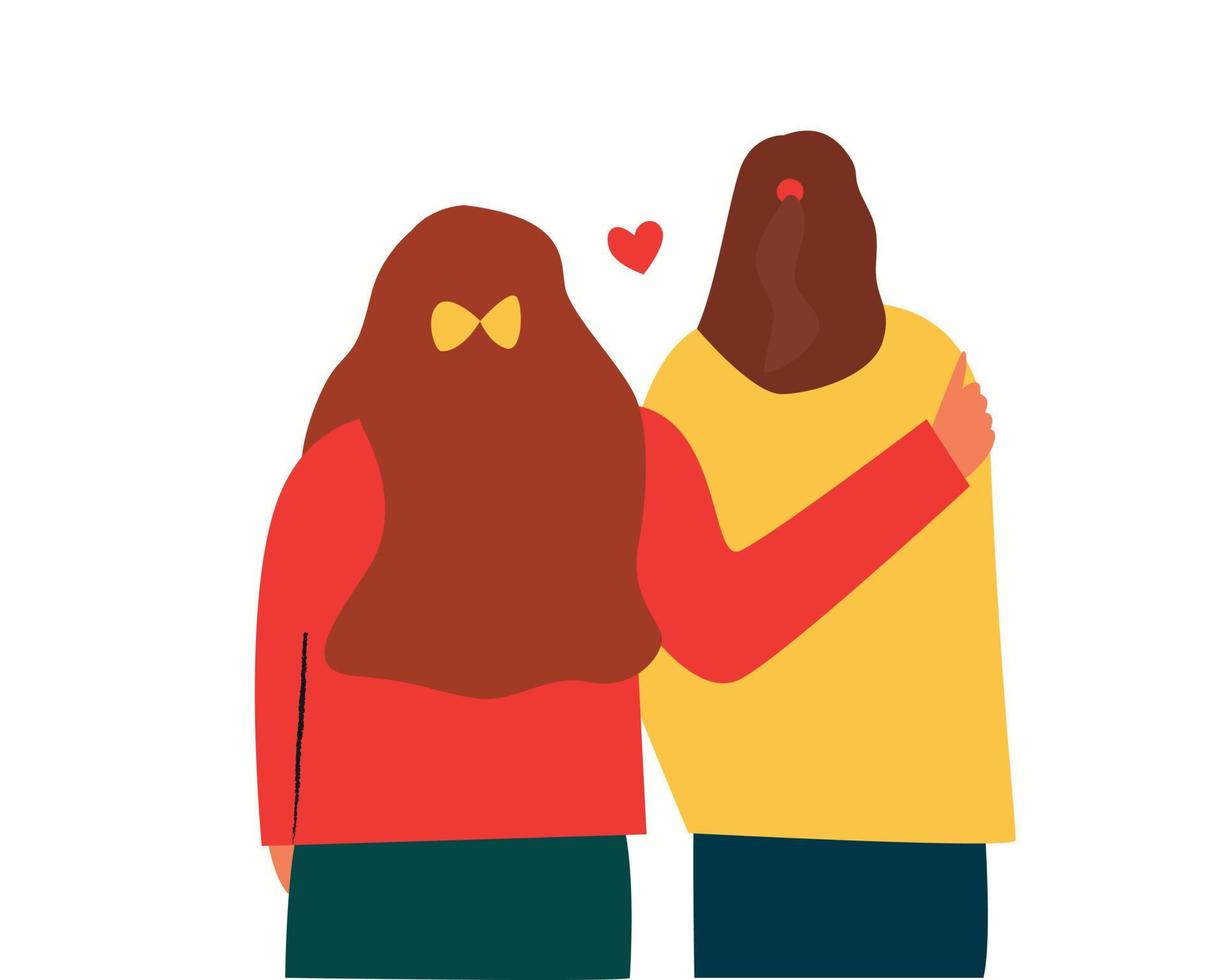 Two girls hug. The girls are standing with their backs, a same-sex couple in love. Female friendship. Vector illustration