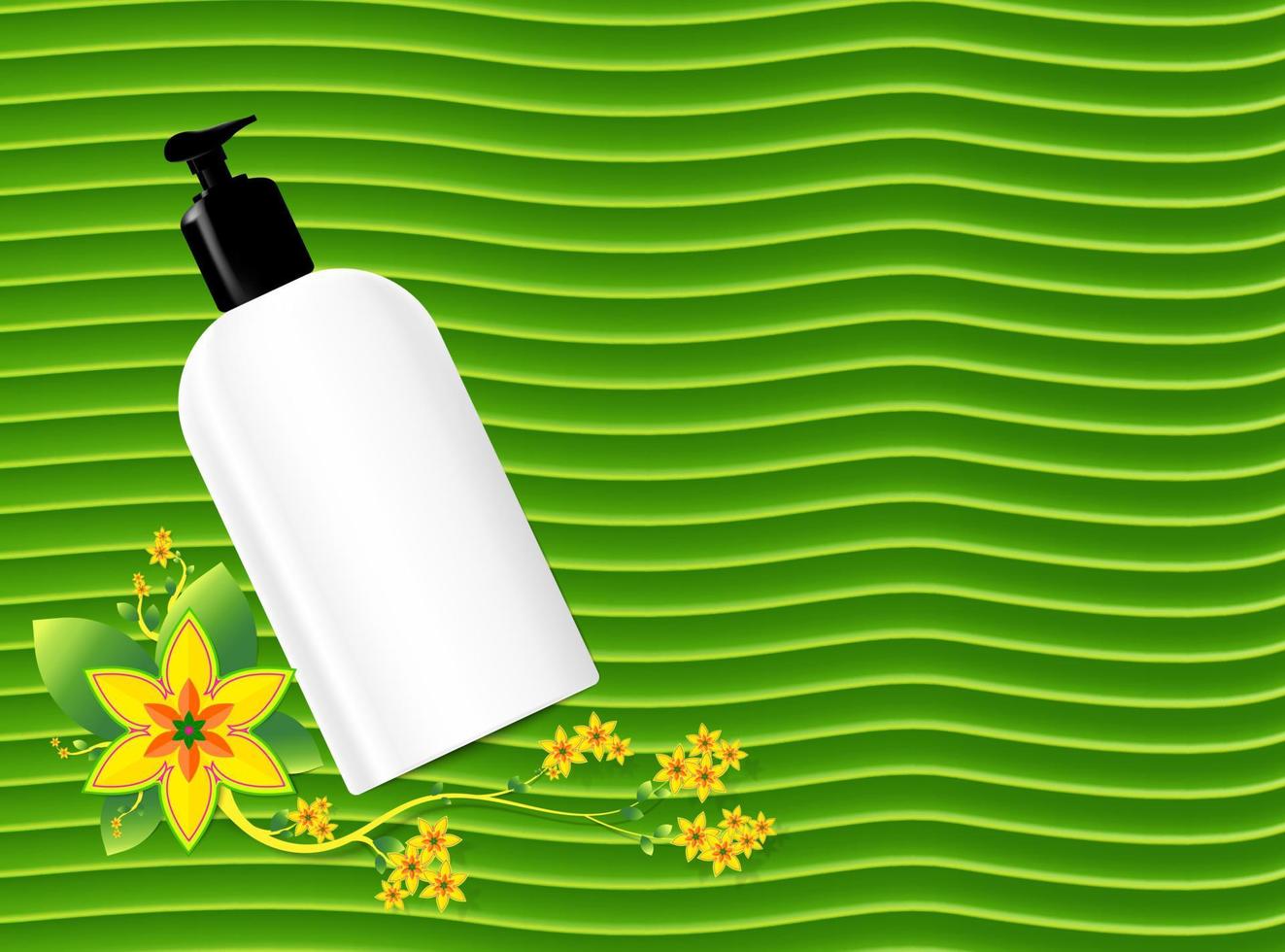 La botella de bomba es una maqueta de champú o empaque de producto sobre fondo de hoja verde de plátano, decorado con flores amarillas en flor. diseñando cosméticos para la salud y la belleza de la mujer. vector