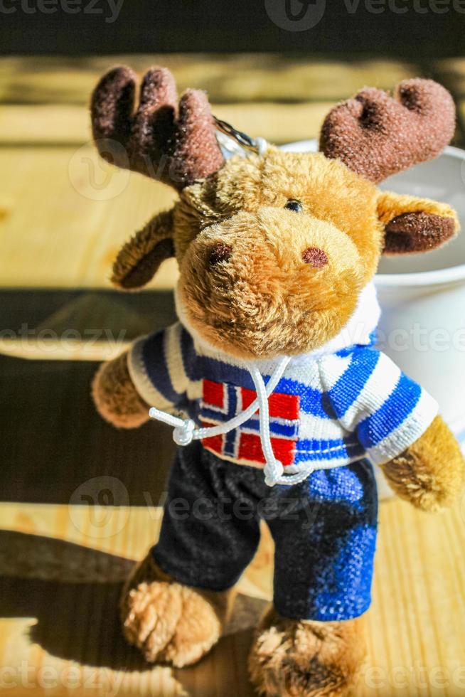 Cute moose soft toy with Norway flag and blue shirt. photo