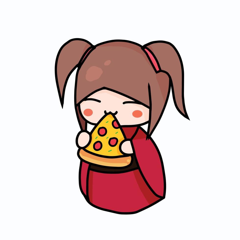 cute chibi etaing pizza vector