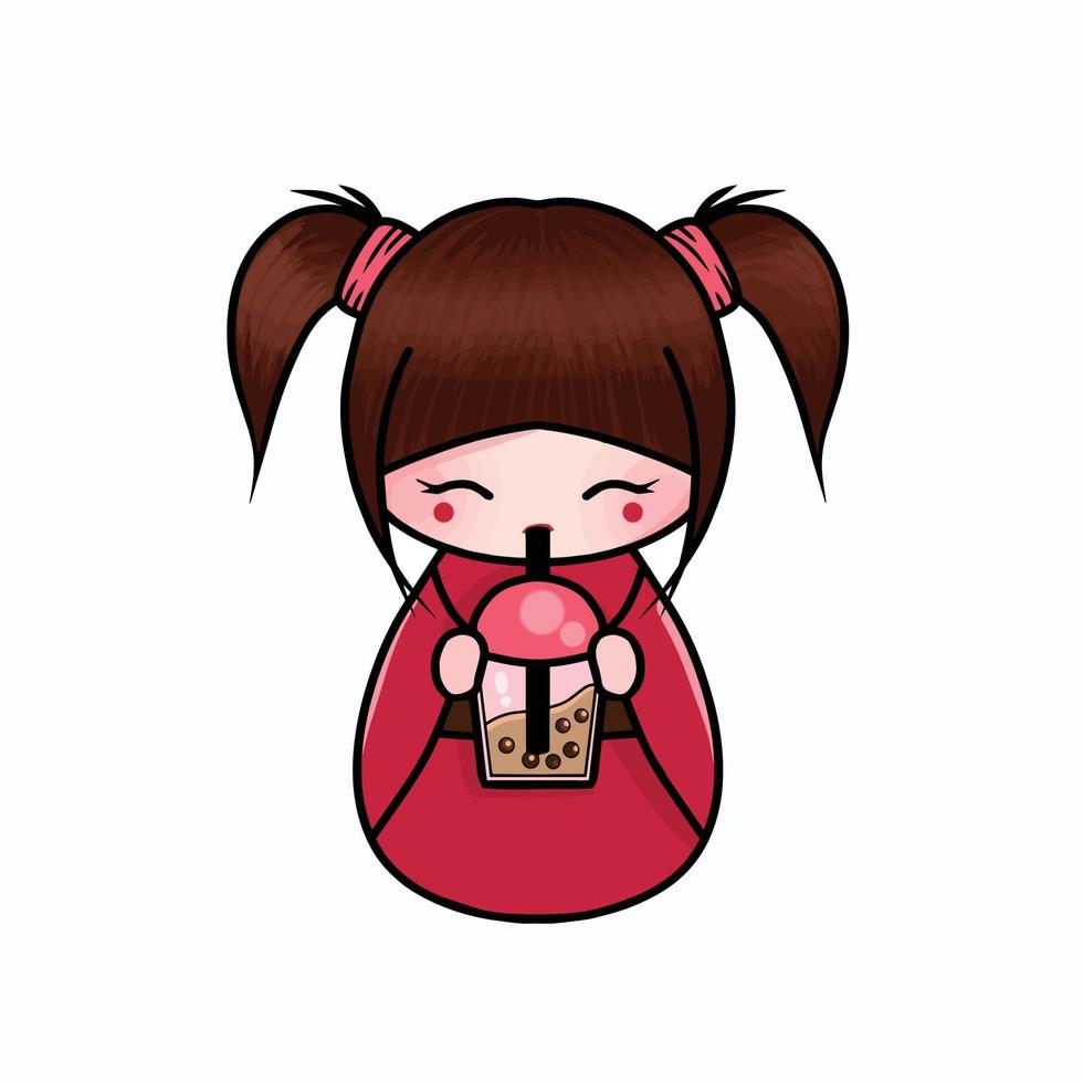 cute chibi drinking boba vector illustration